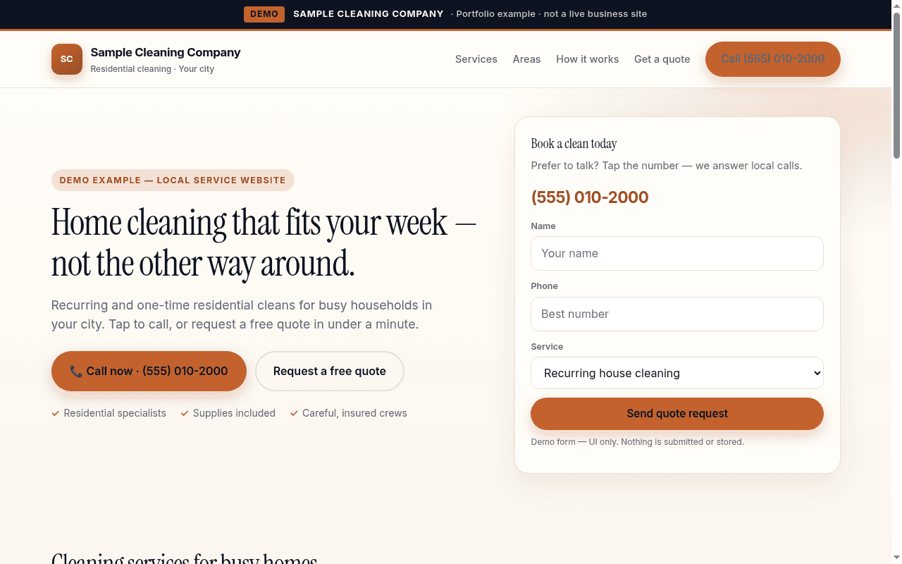 Demo: Sample Cleaning Company website